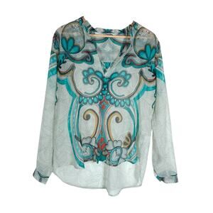 Twelfth Street by Cynthia Vincent Boho Paisley Print Blouse Small Sheer Top